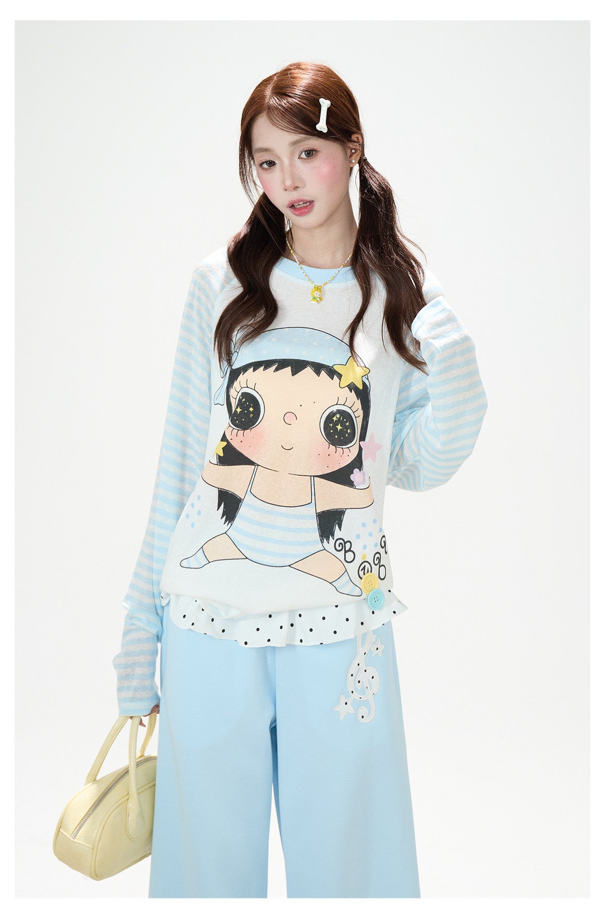 Cartoon Girl Stripe Raglan Long Sleeve Top & Black Polka-Dot Ruffle Skirt