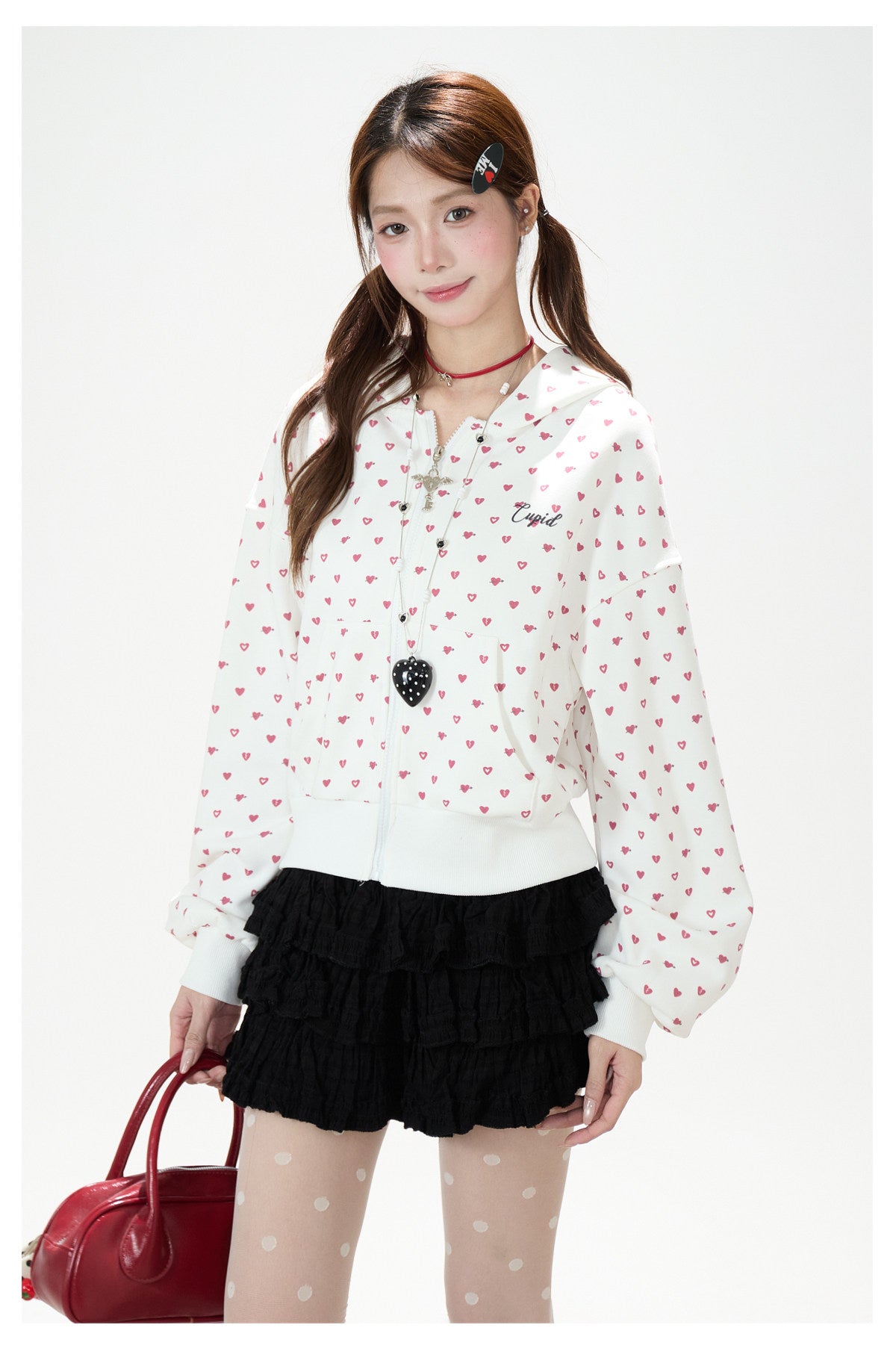 Heart Print Zip-Up Hoodie & Black Tiered Ruffle Mini Skirt