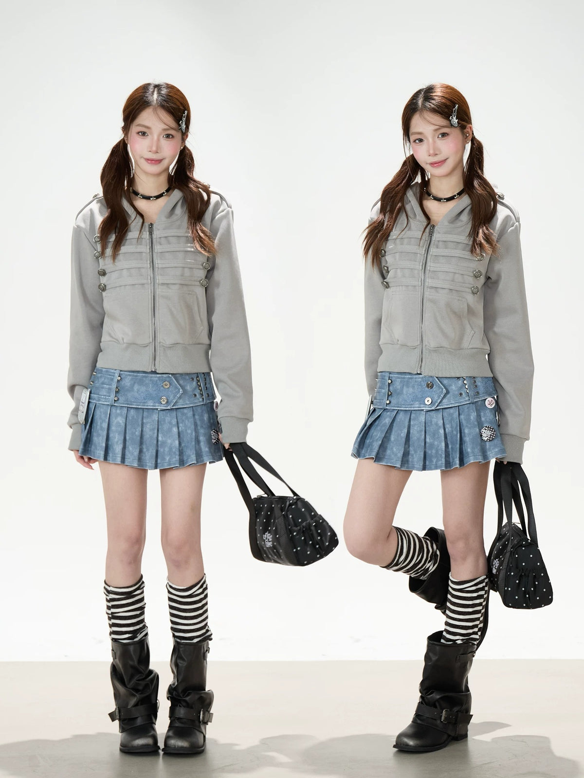 Utility Button Zip-Up Hoodie & Blue Pleated Mini Skirt