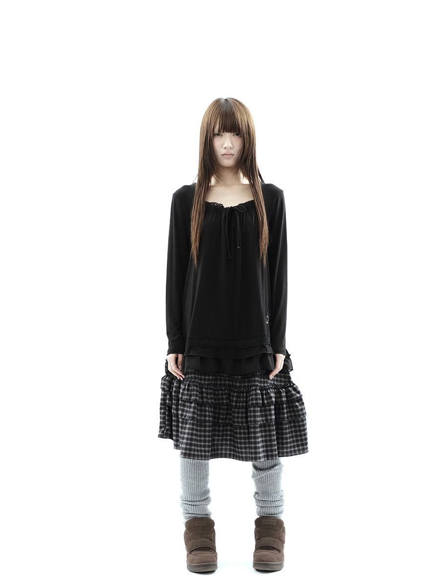 Star Embroidered Lace-Hem Tie Long Sleeve Top