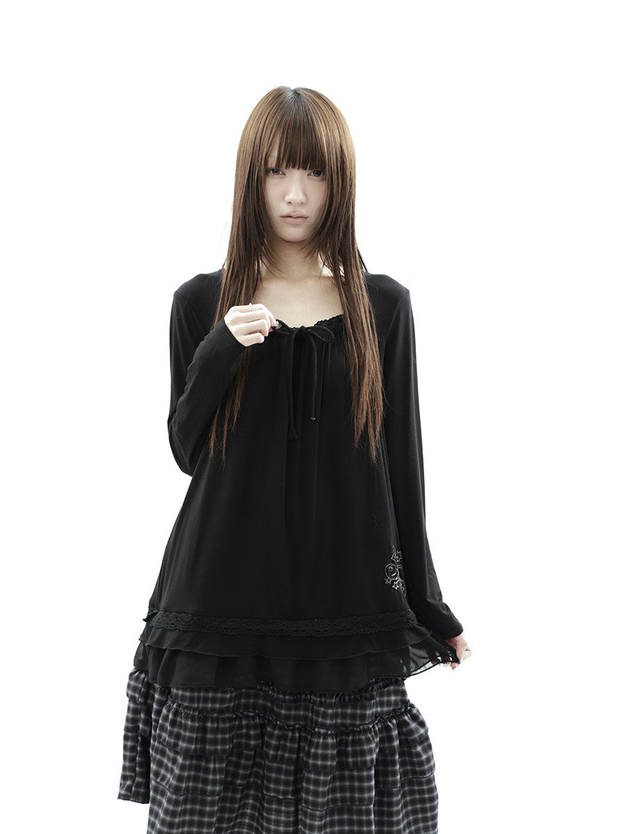 Star Embroidered Lace-Hem Tie Long Sleeve Top