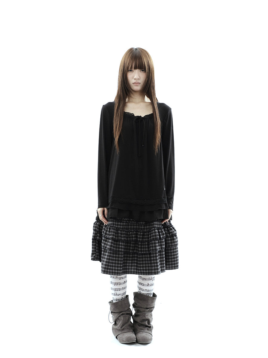 Star Embroidered Lace-Hem Tie Long Sleeve Top