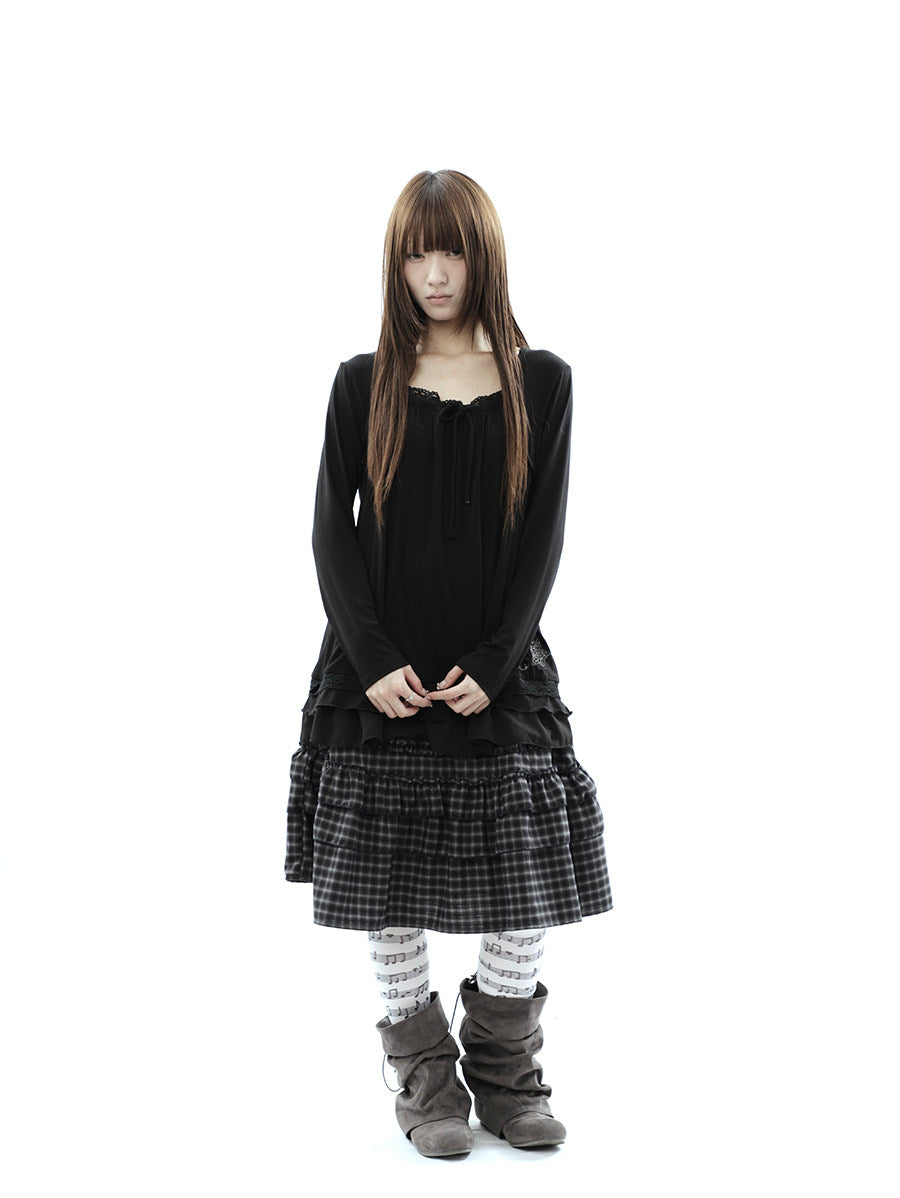 Star Embroidered Lace-Hem Tie Long Sleeve Top