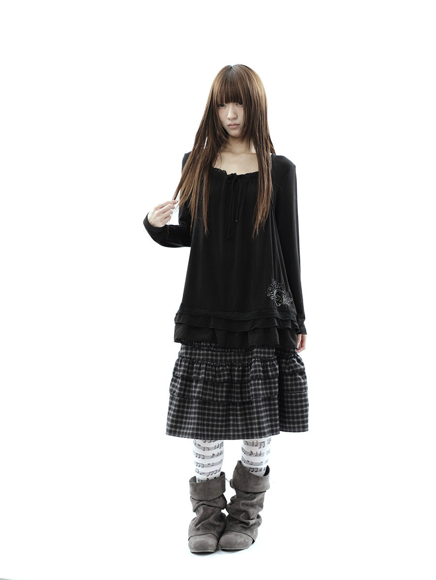 Star Embroidered Lace-Hem Tie Long Sleeve Top