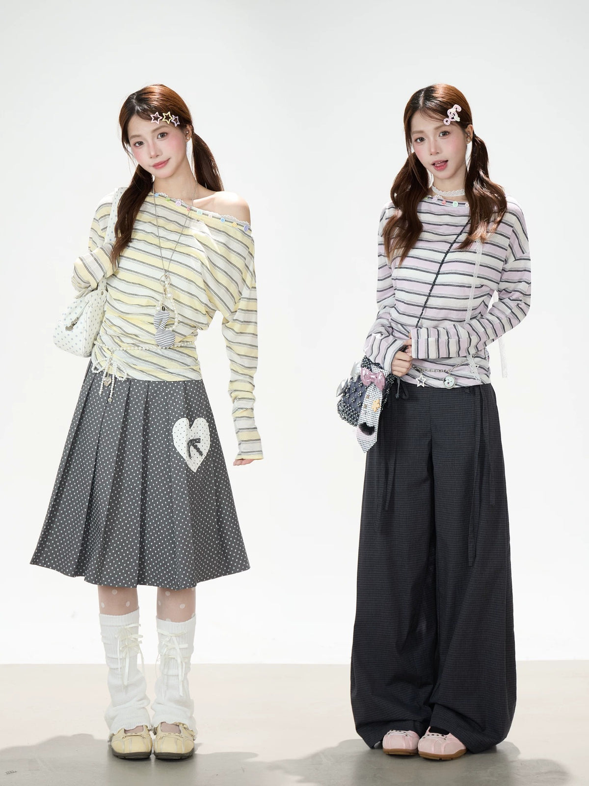 Striped Off-Shoulder Long Sleeve Top & Polka-Dot Midi Skirt