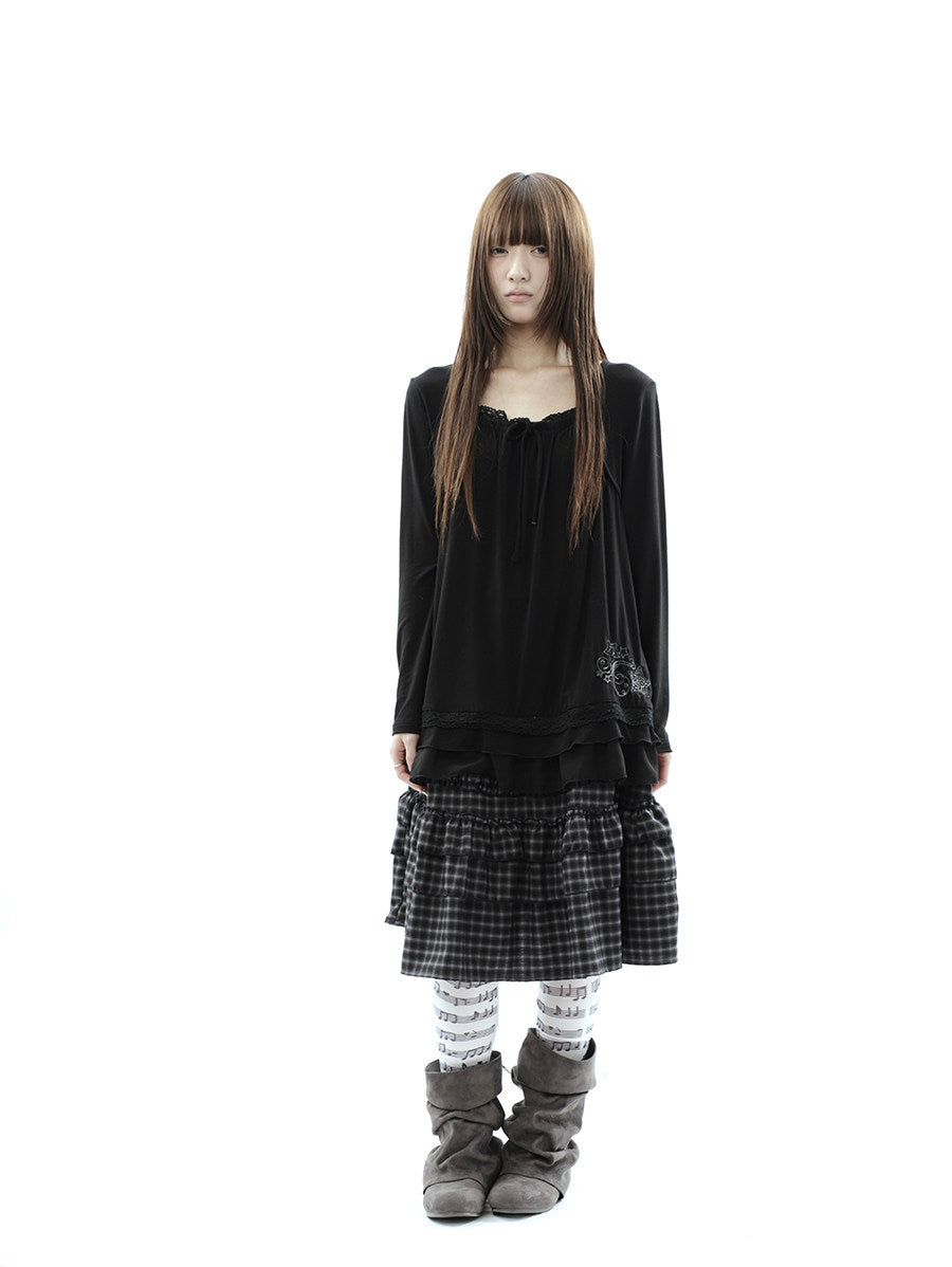 Star Embroidered Lace-Hem Tie Long Sleeve Top