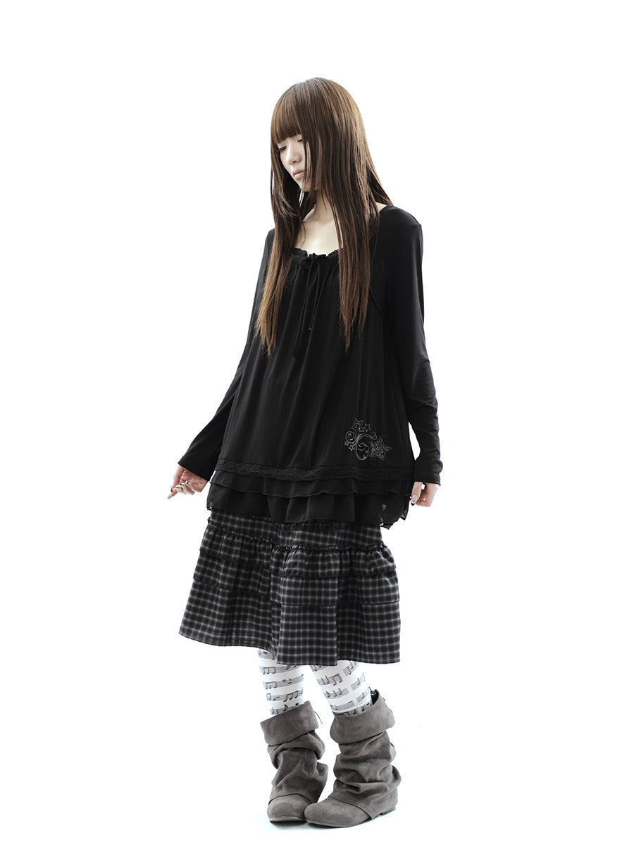 Star Embroidered Lace-Hem Tie Long Sleeve Top