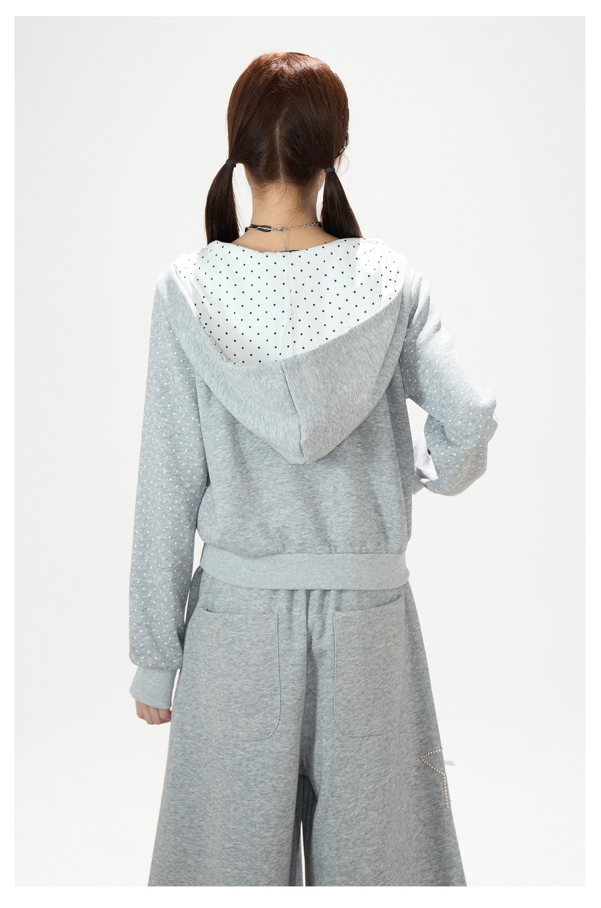 Star Polka-Dot Cropped Zip-Up Hoodie & Paw Print Graphic Wide-Leg Jeans