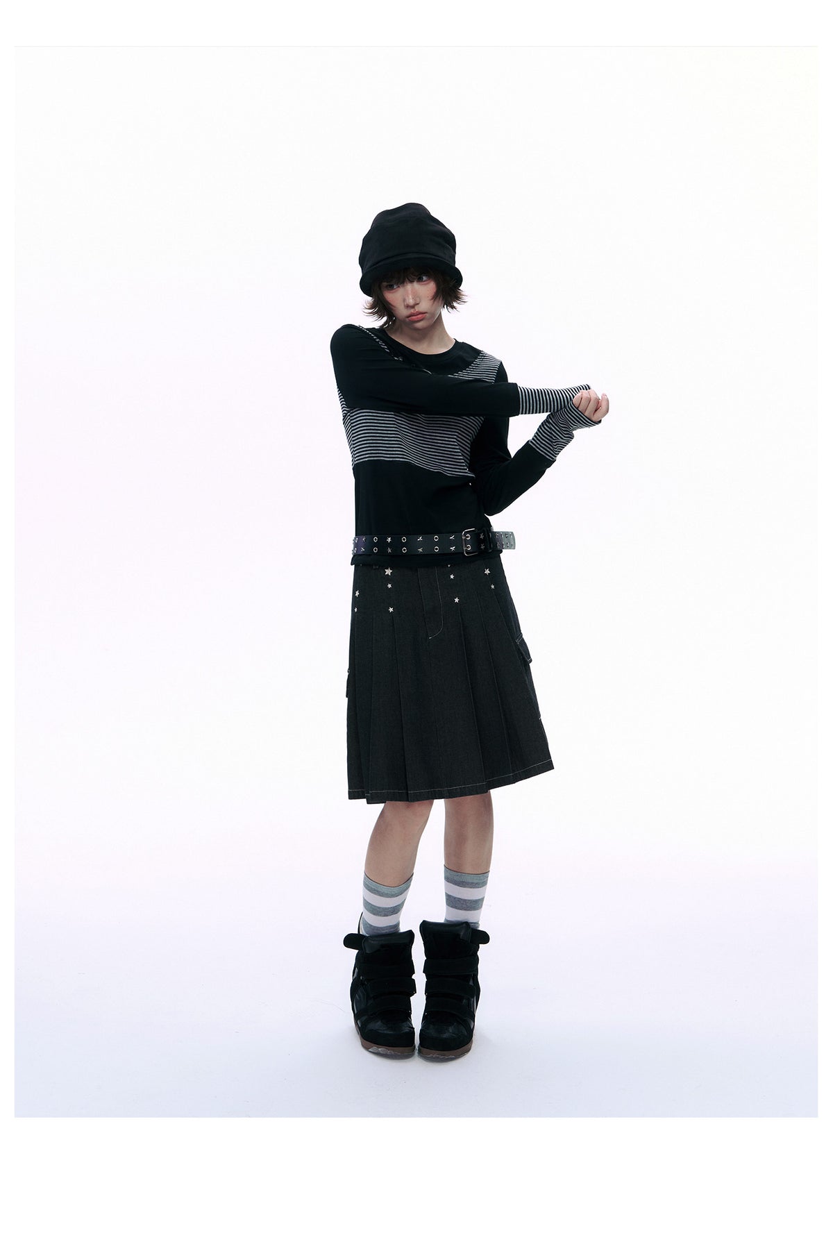 Embroidered Star Pleated Denim Midi Skirt