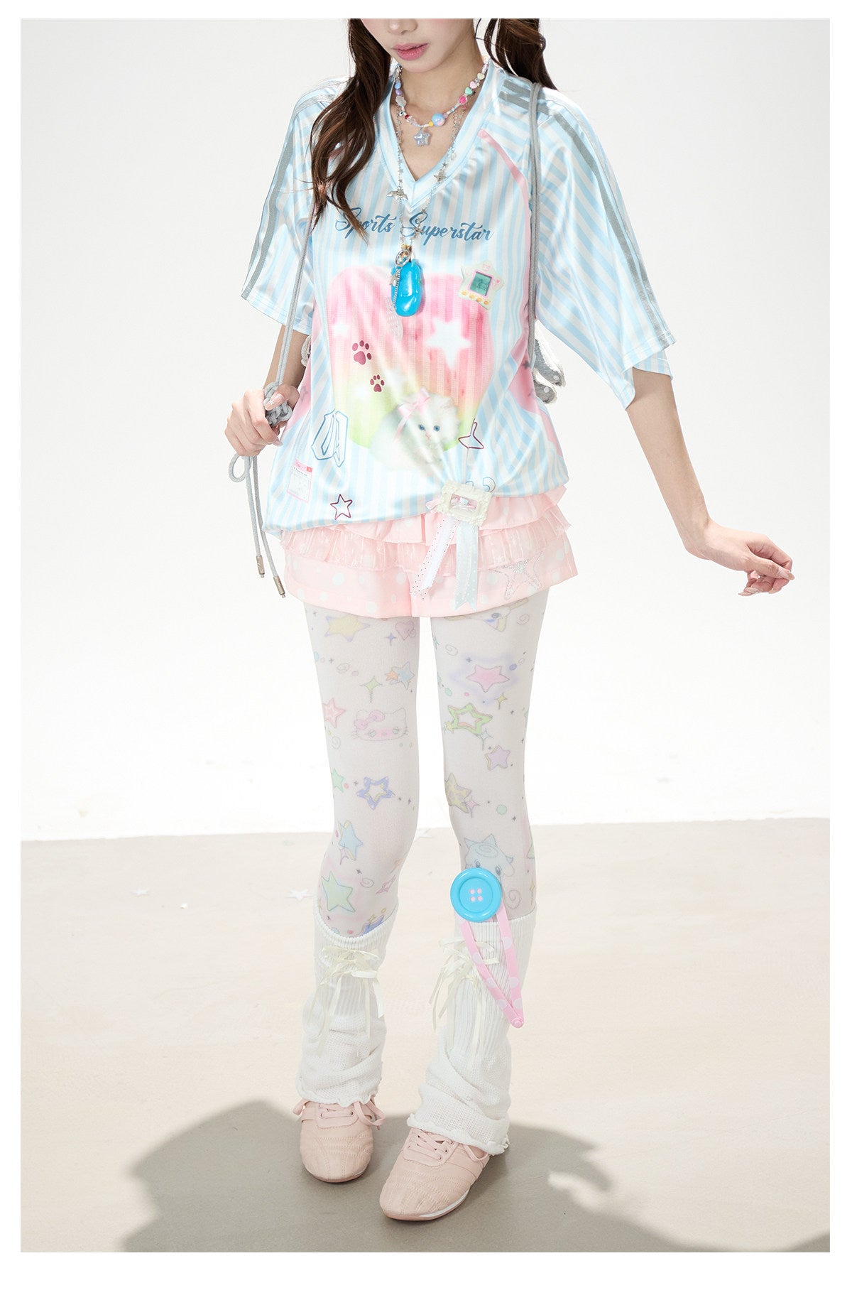 Striped Kitty Graphic V-Neck Tee & Layered Gingham Ruffle Skirt