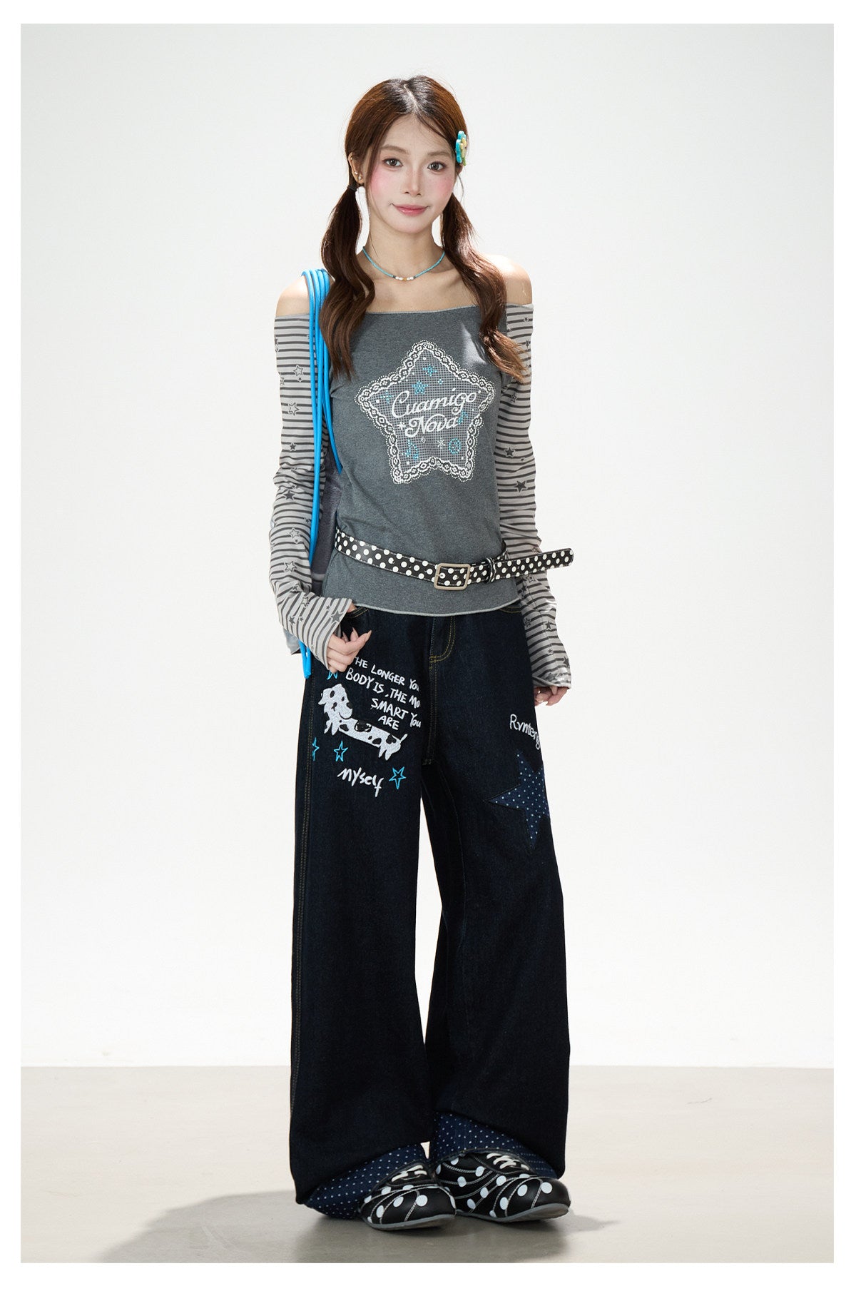 Puppy & Star Graphic Washed Wide-Leg Jeans