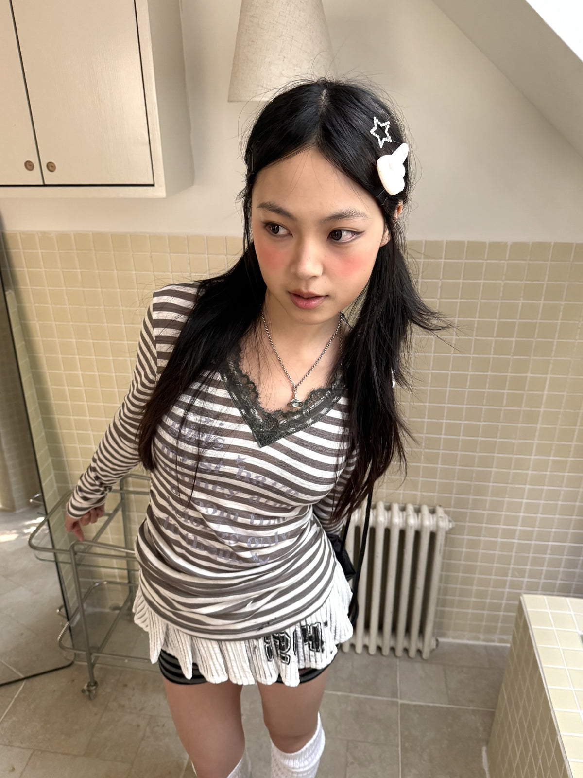 Gray Stripe Lace V-Neck Graphic Long Sleeve Tee