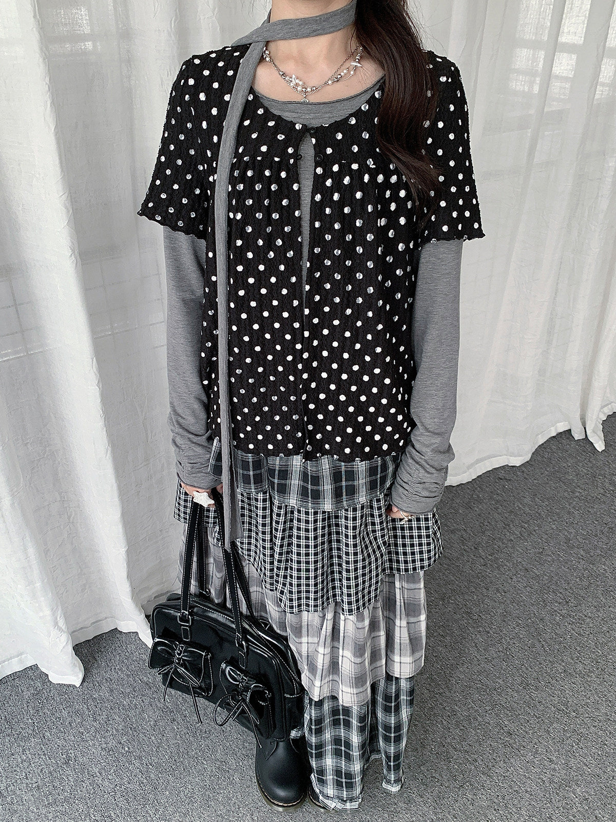 Polka Dot Layered Scarf Long Sleeve Top