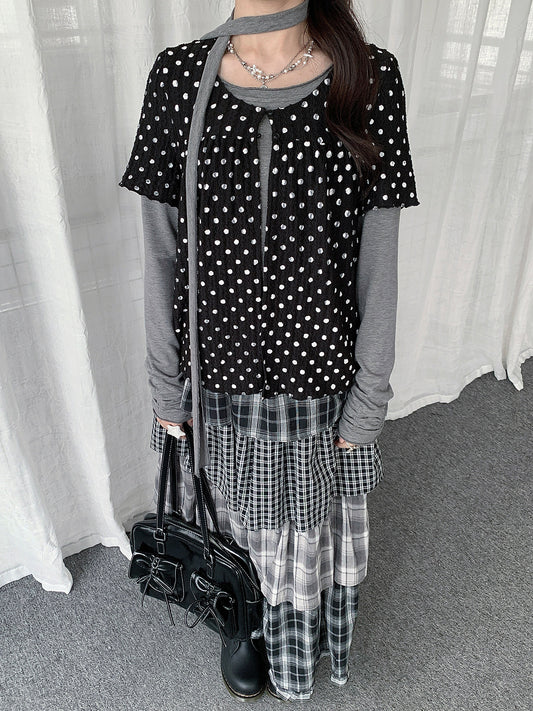 Polka Dot Layered Scarf Long Sleeve Top