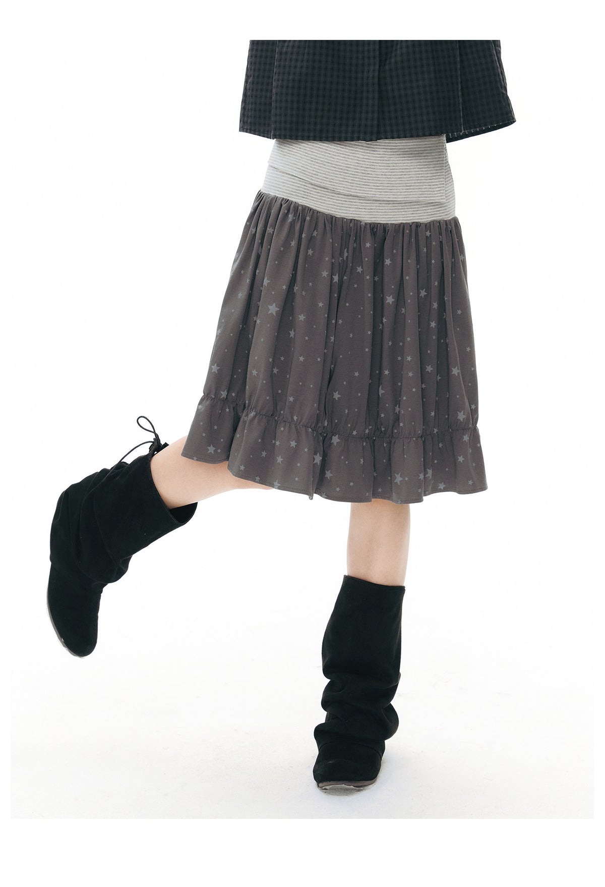 Star Print Striped-Waist Ruffle Midi Skirt