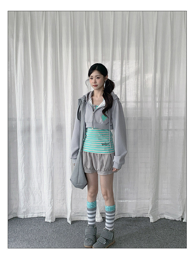 Striped Cami & Cropped Zip Hoodie Two-Piece Set