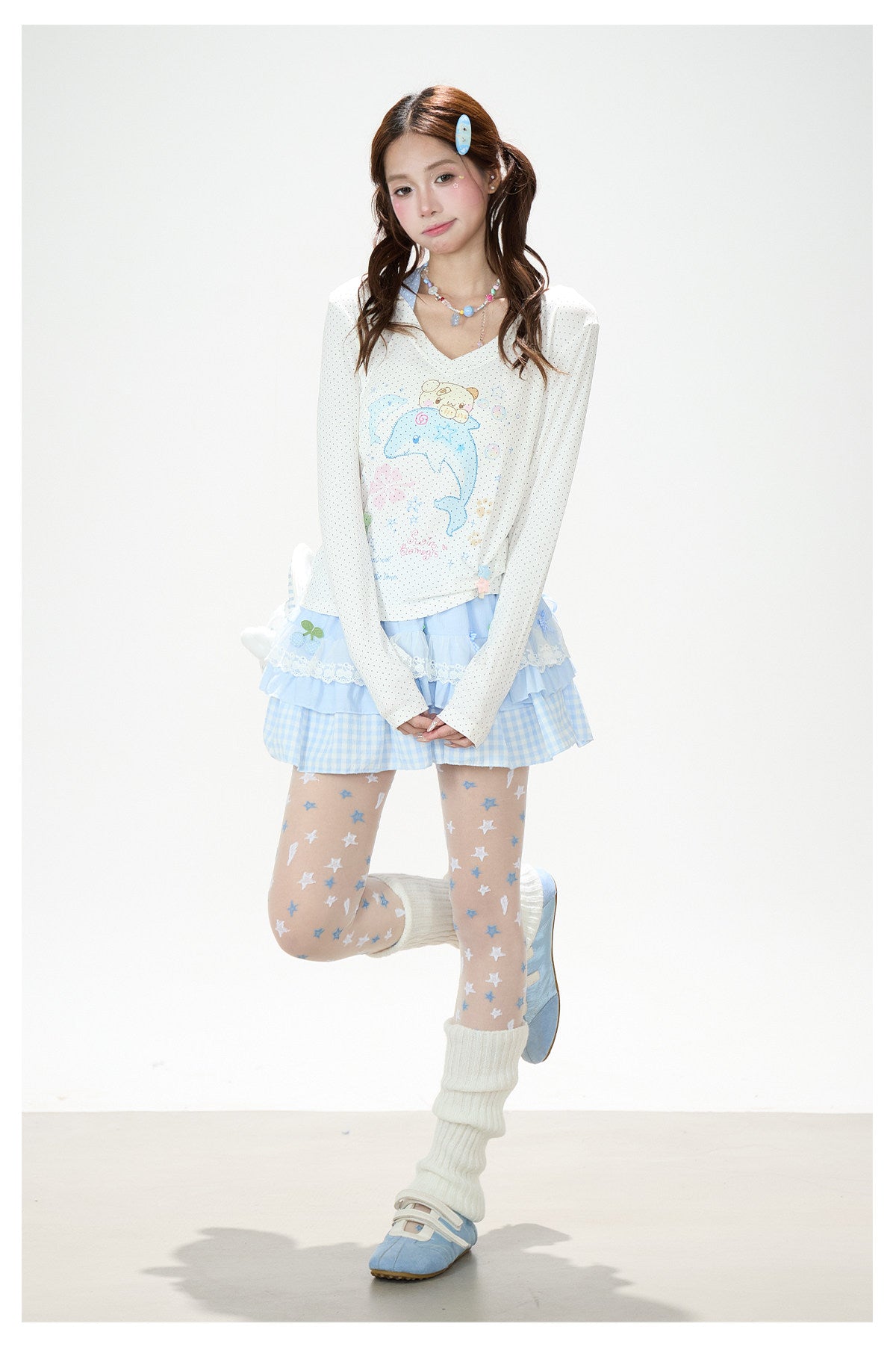 Dreamy Dolphin Polka-Dot V-Neck Long Sleeve Top & Gingham Ruffle Mini Skirt