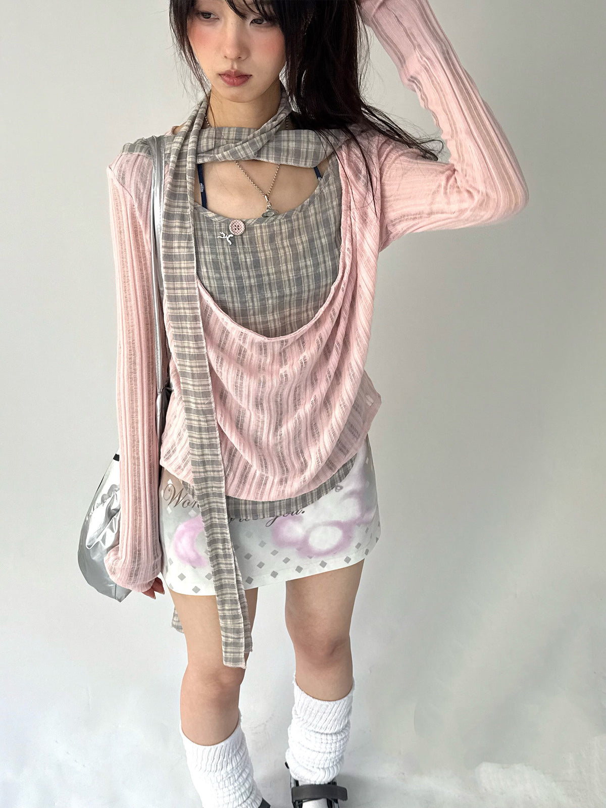 Plaid-Layered Cowl Long Sleeve Top