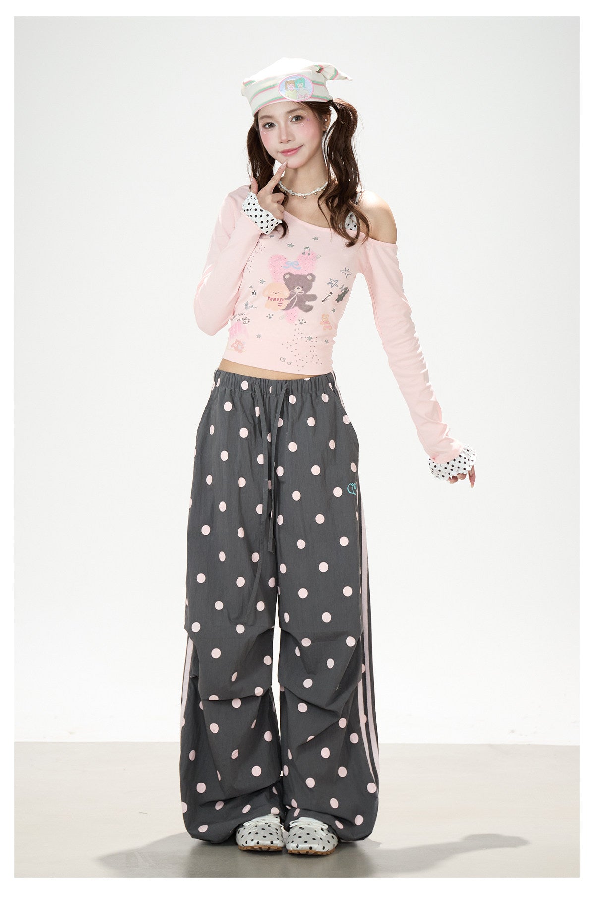 Dreamy Cartoon Off-Shoulder Layered Long Sleeve Top & Polka Dot Wide-Leg Pants
