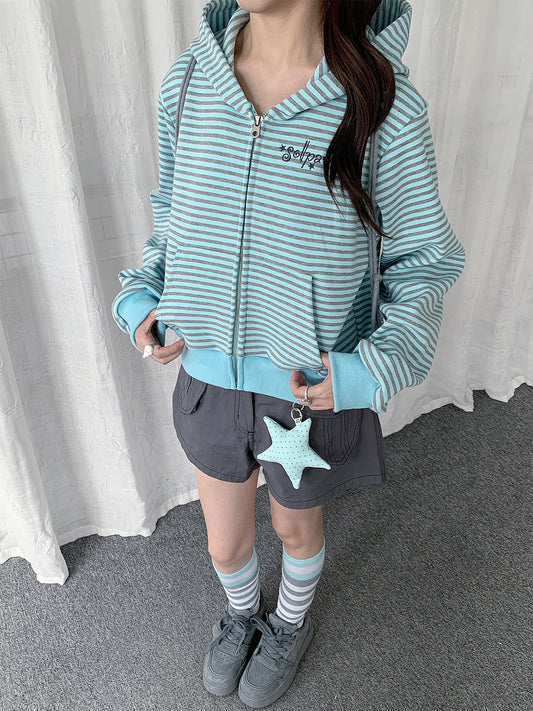 Mint Stripe Zip-Up Hoodie & Gray Utility Shorts