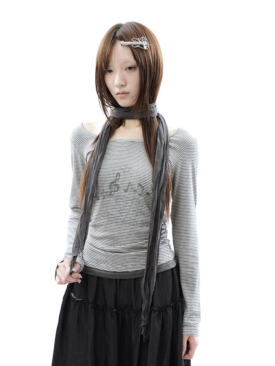 Music Note Striped Layered Long Sleeve Top with Scarf