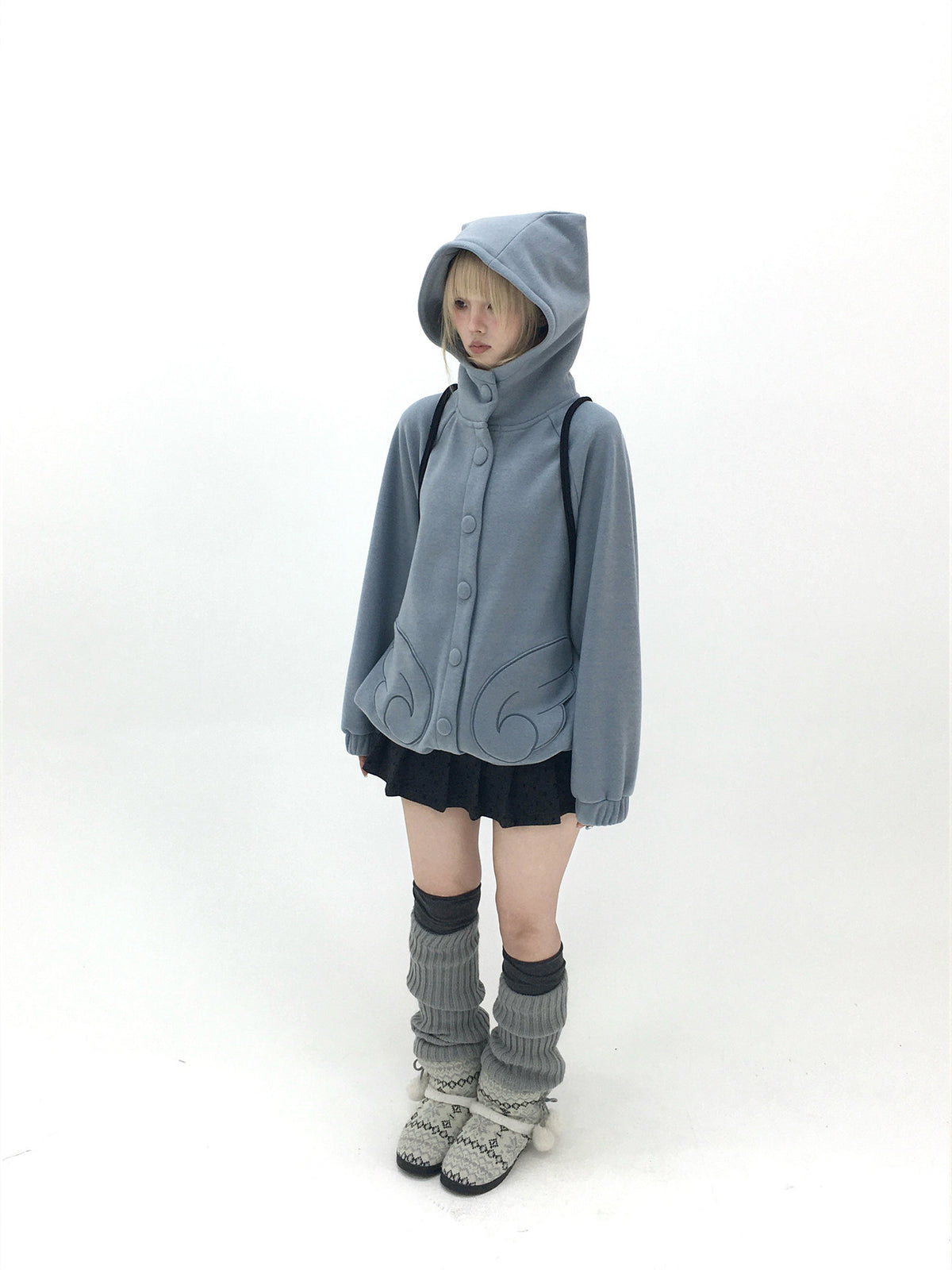 Dusty Blue & Ivory Fleece-Lined Cat Ear Wing Pocket Hooded Jacket