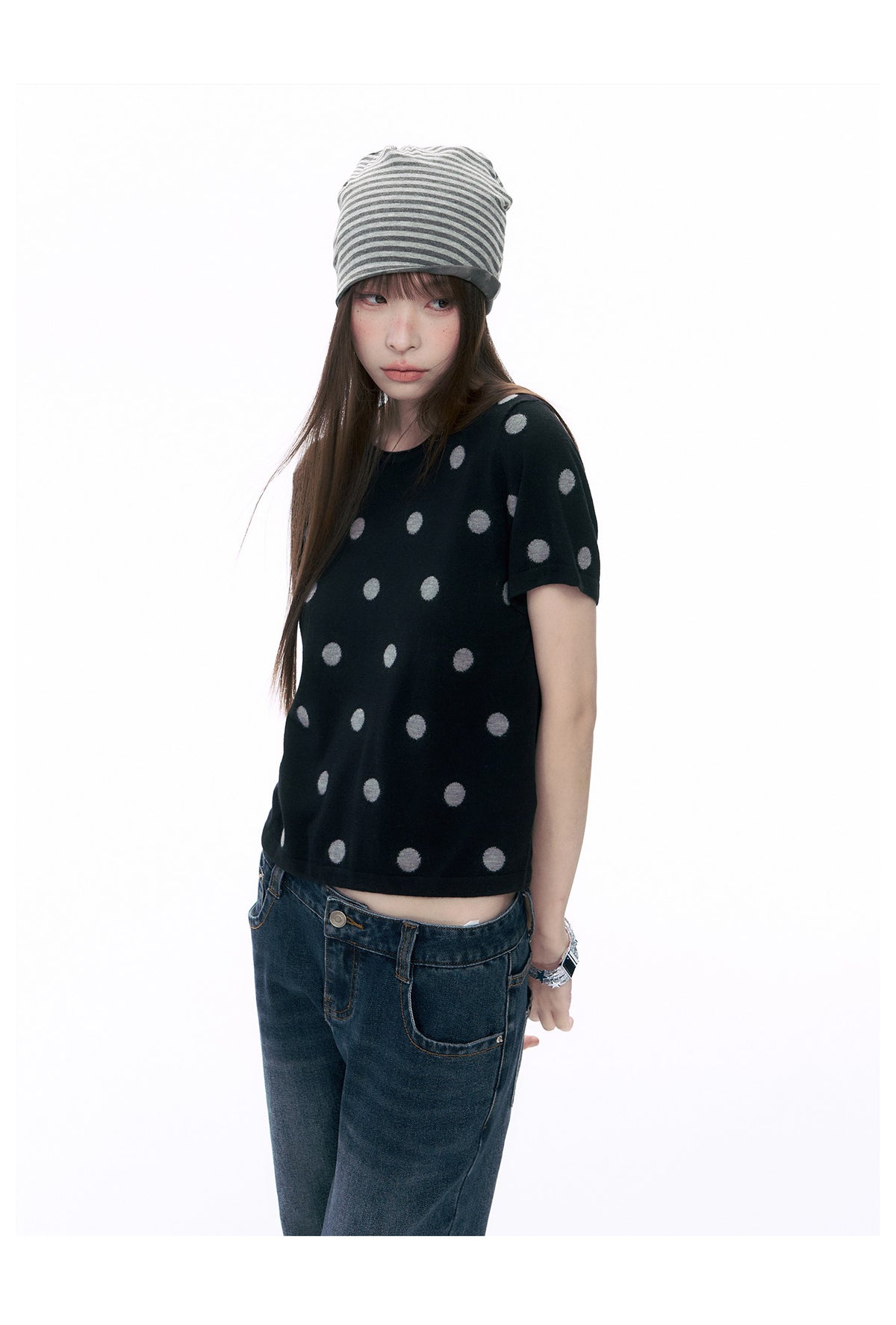 Polka Dot Wool-Blend Short Sleeve Knit Top