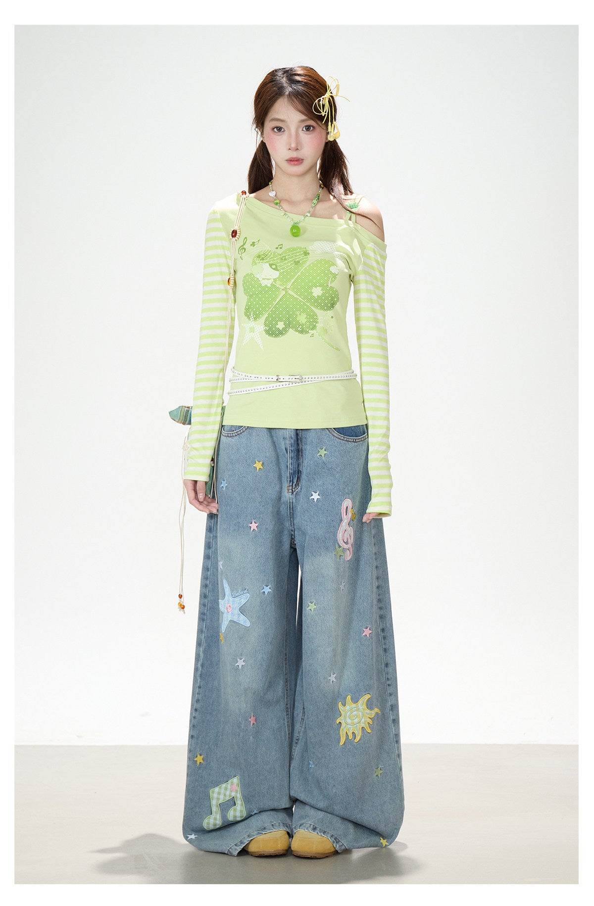 Music Note & Star Embroidered Washed Wide-Leg Jeans