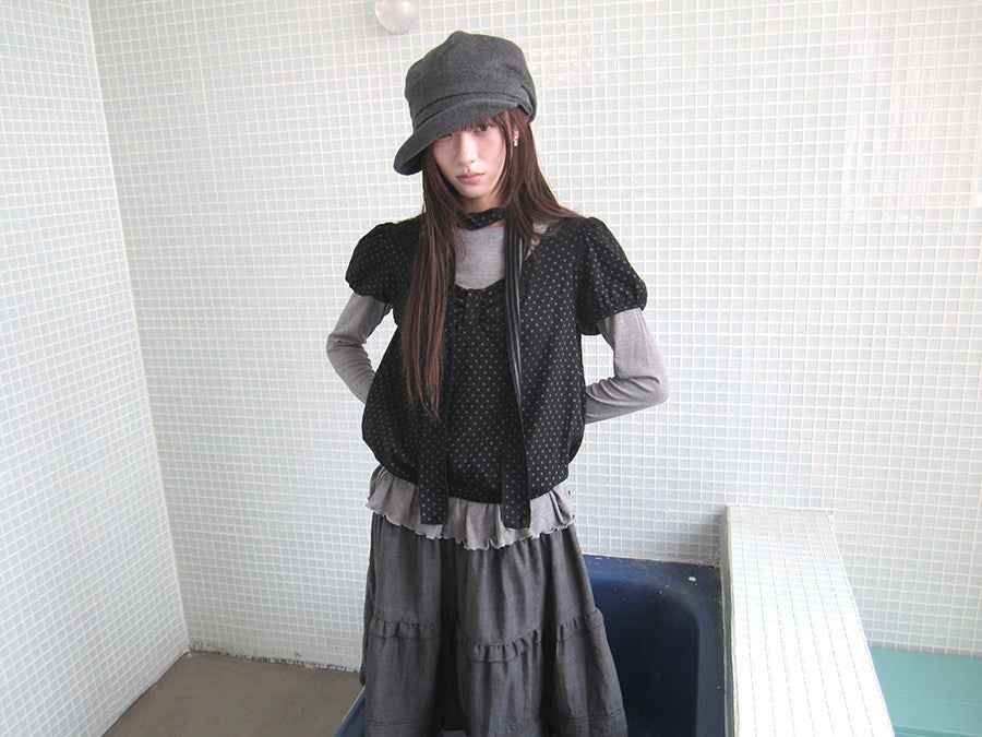 Polka Dot Layered Two-Piece Top Set with Scarf