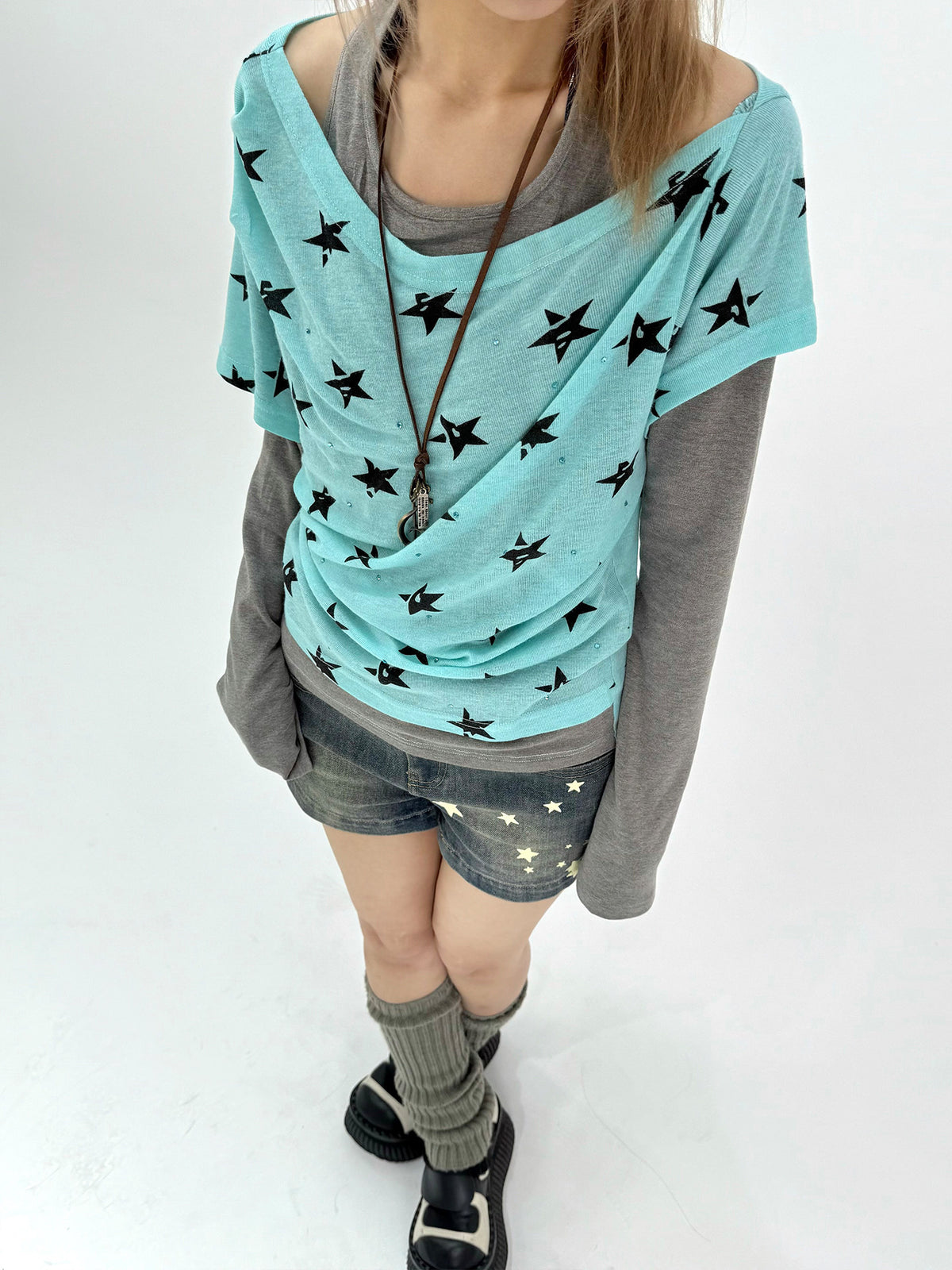 Star Print Faux-Layered Off-Shoulder Long Sleeve Top
