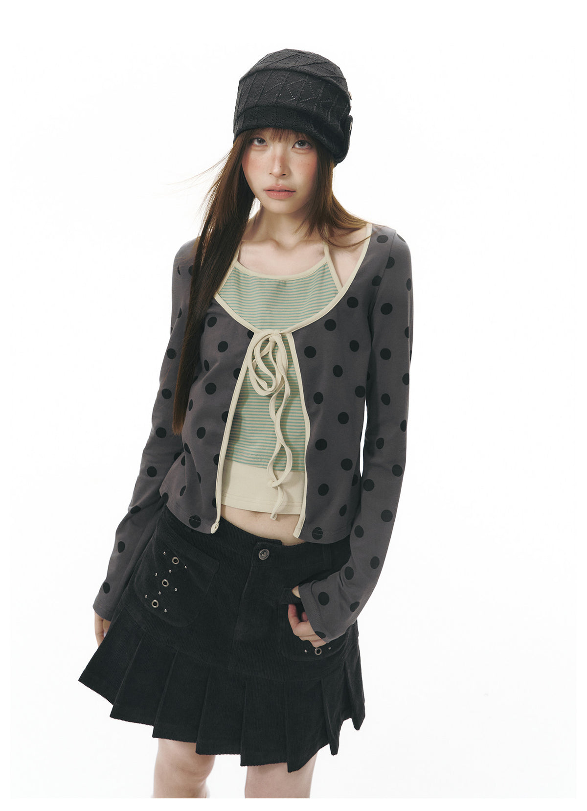 Polka Dot Tie-Front Layered Halter Long Sleeve Top