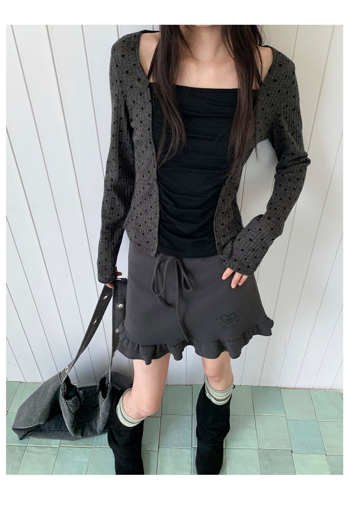 Heart Pulse Drawstring Ruffle Mini Skirt