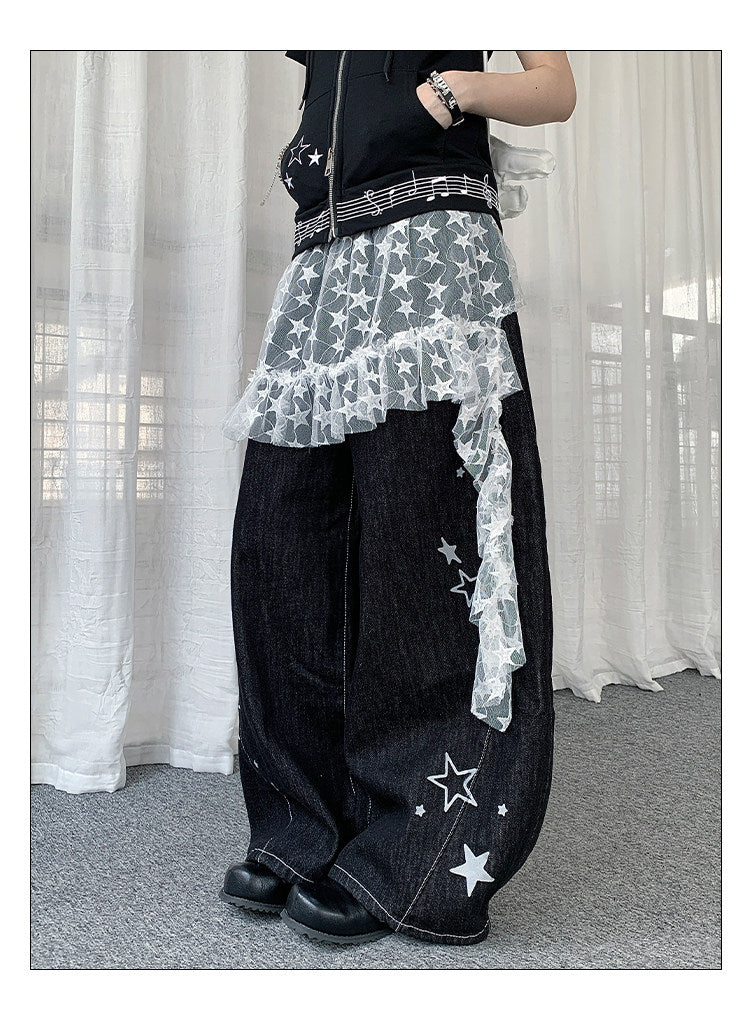 Star Embroidered Wide-Leg Jeans with Lace Overskirt