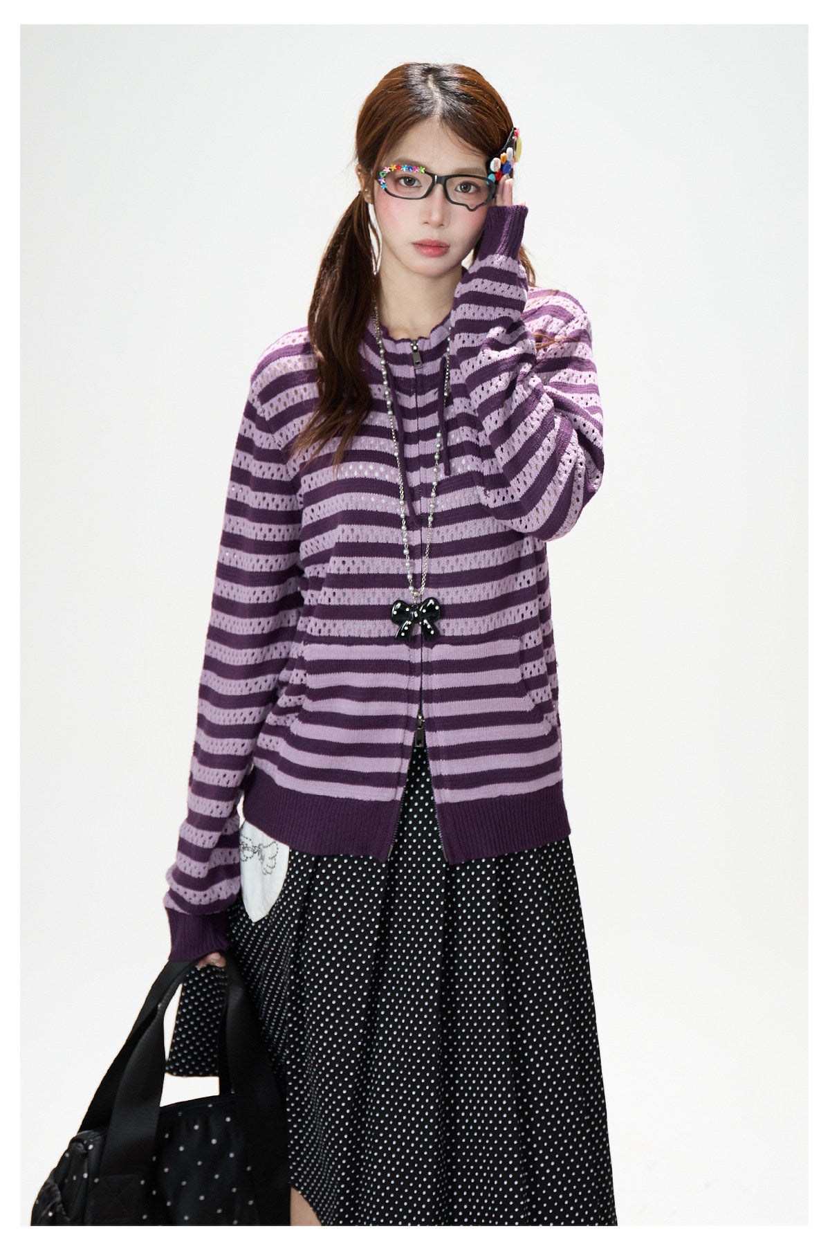 Striped Openwork Knit Cardigan & Black Polka-Dot Pleated Midi Skirt