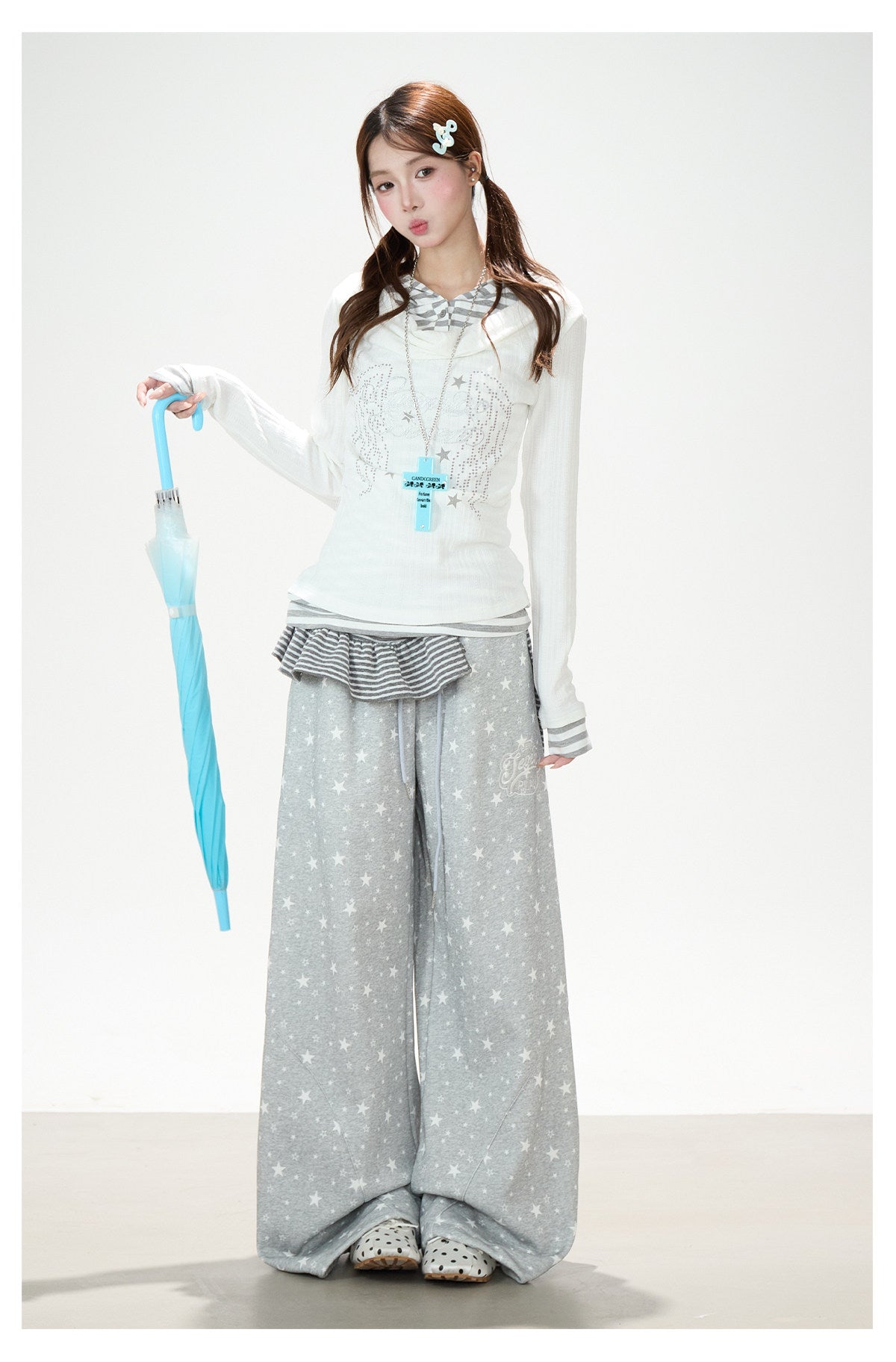 Angel Wing Graphic Hooded Stripe Layered Long Sleeve Top