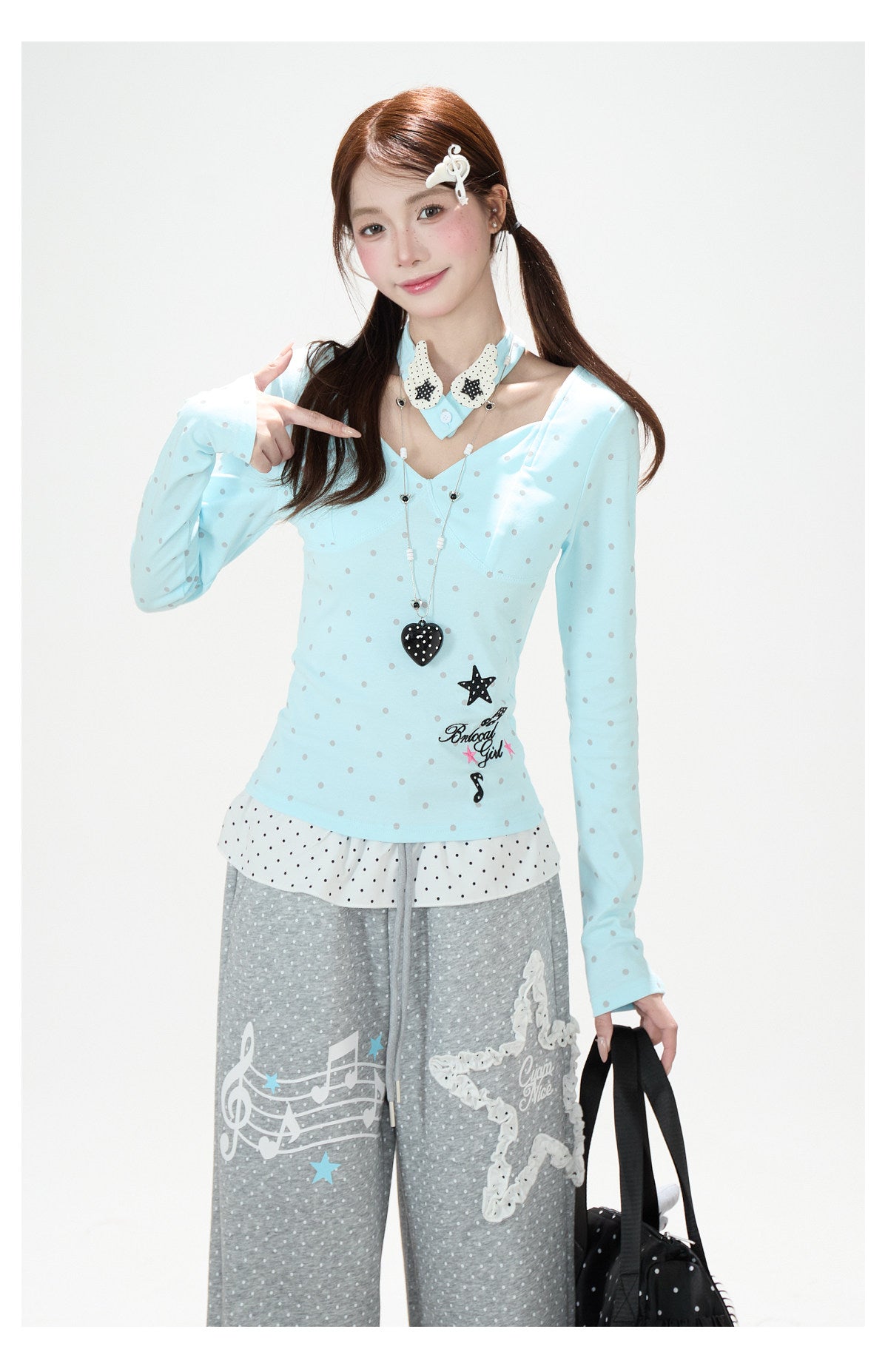 Polka-Dot V-Neck Long Sleeve Top & Lace Star Wide-Leg Pants