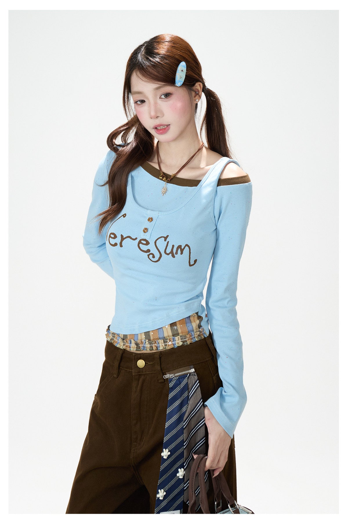 Letter Print Layered Long Sleeve Top & Star Patch Wide-Leg Jeans