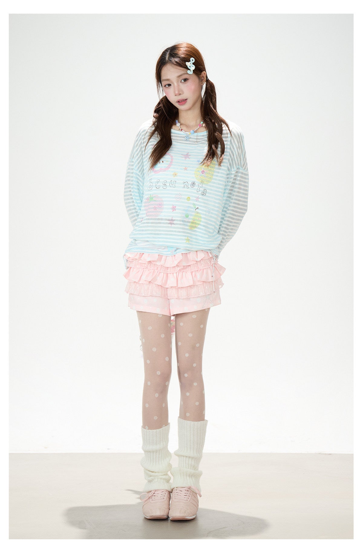 Playful Stripe Graphic Sheer Long Sleeve Top & Pink Wide-Leg Pants