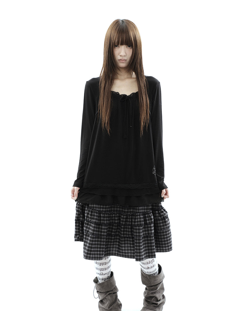 Star Embroidered Lace-Hem Tie Long Sleeve Top