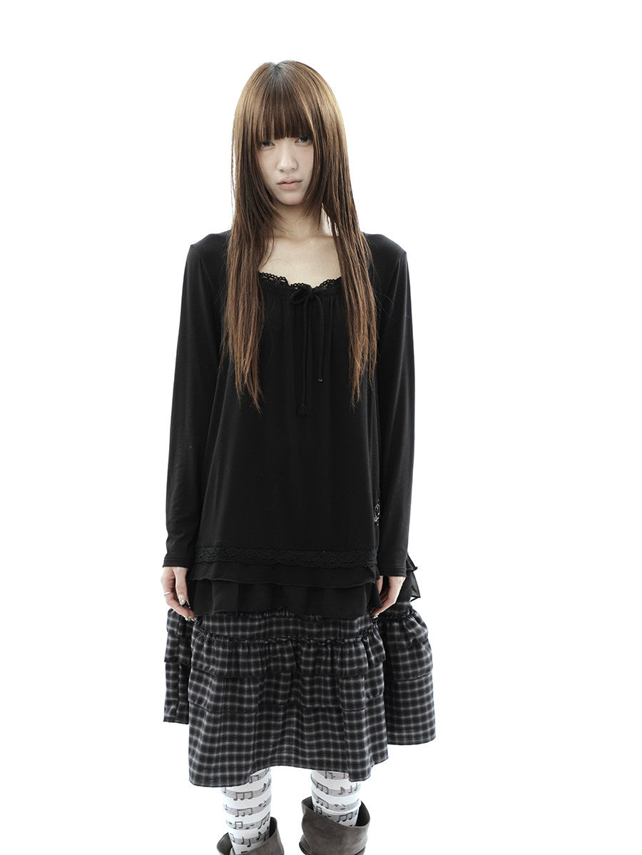 Star Embroidered Lace-Hem Tie Long Sleeve Top