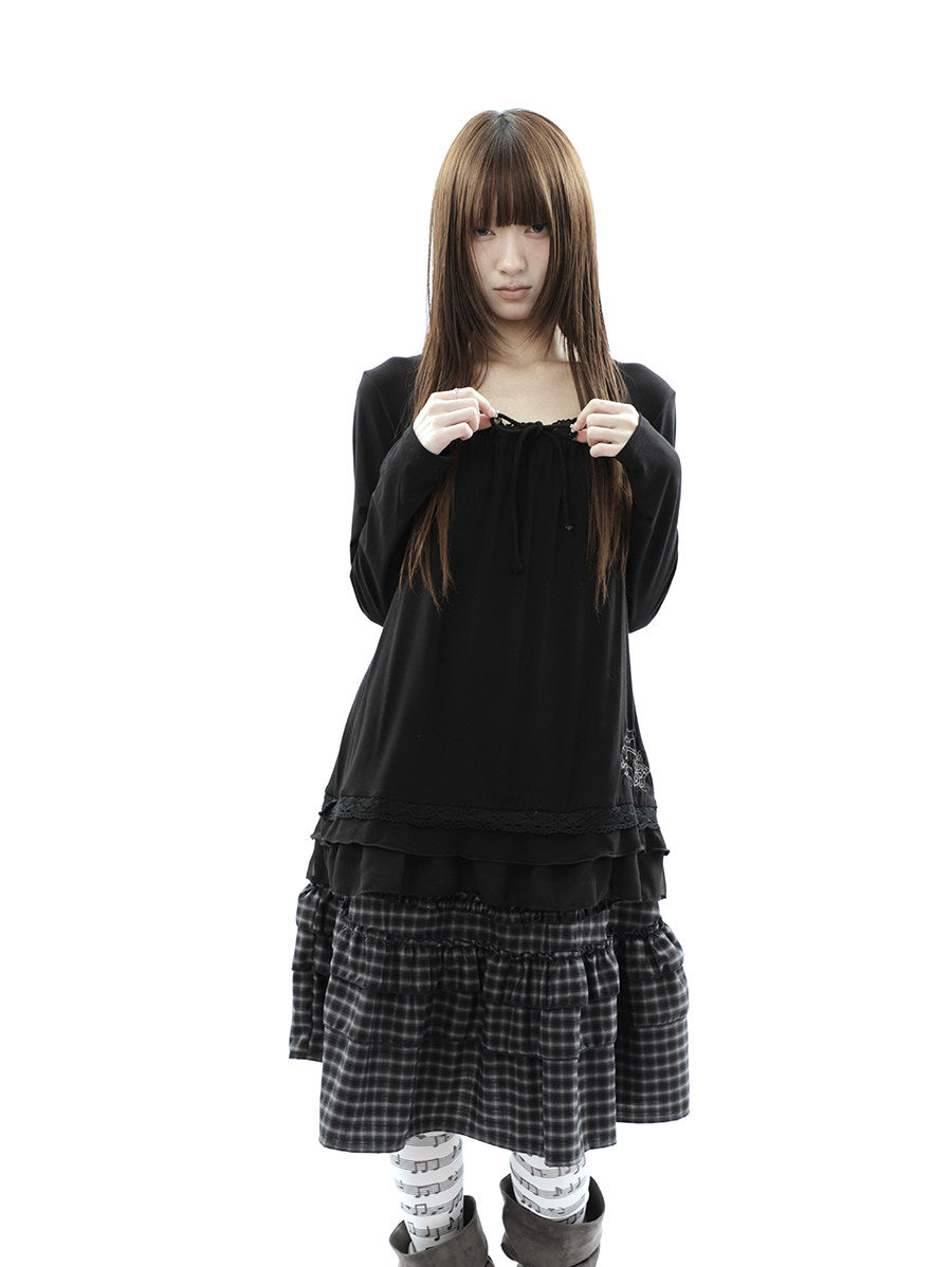Star Embroidered Lace-Hem Tie Long Sleeve Top