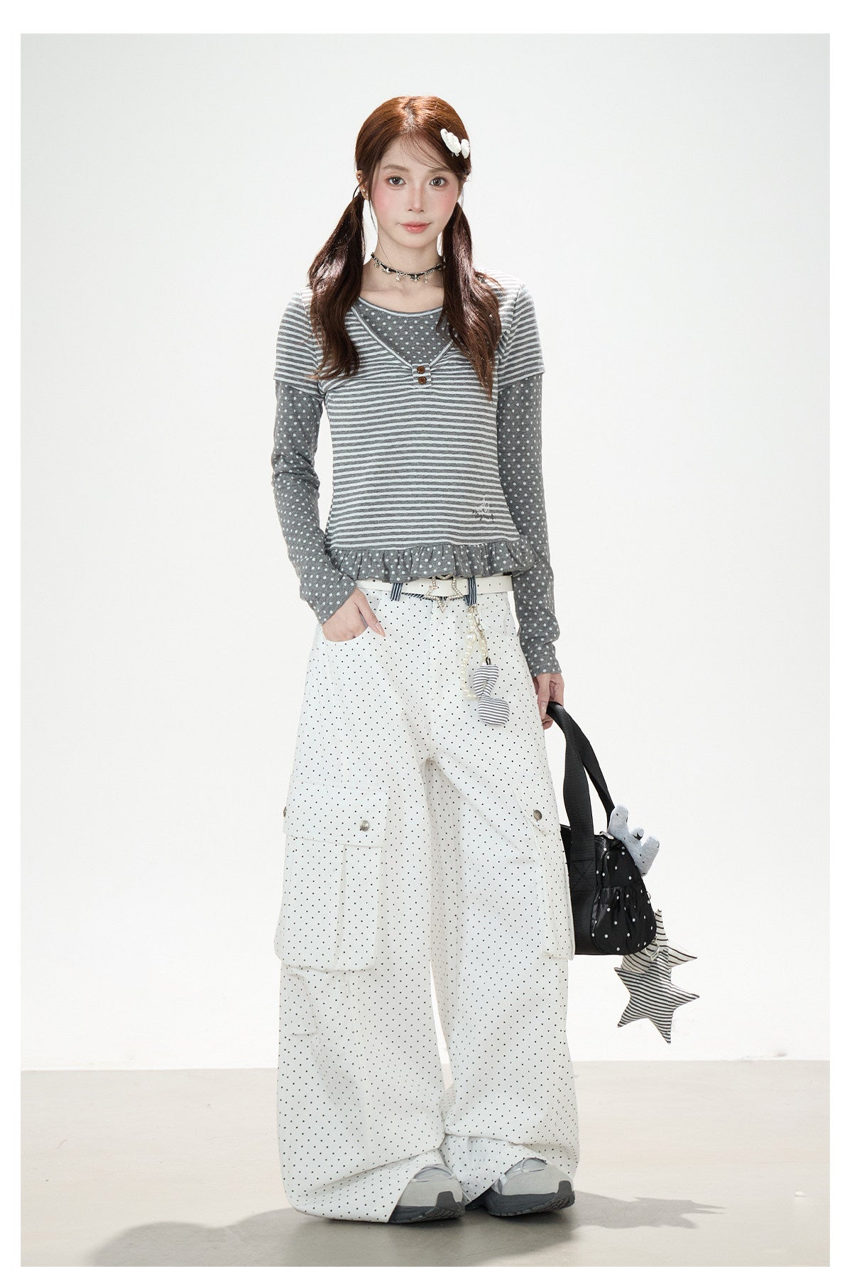 Polka-Dot Stripe Layered Long Sleeve Top & Embroidered Khaki Wide-Leg Cargo Pants