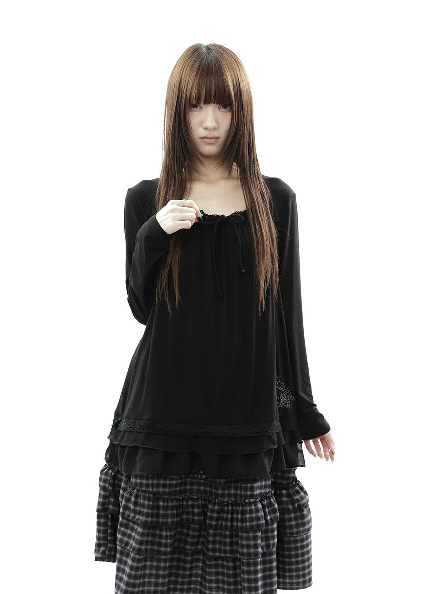 Star Embroidered Lace-Hem Tie Long Sleeve Top