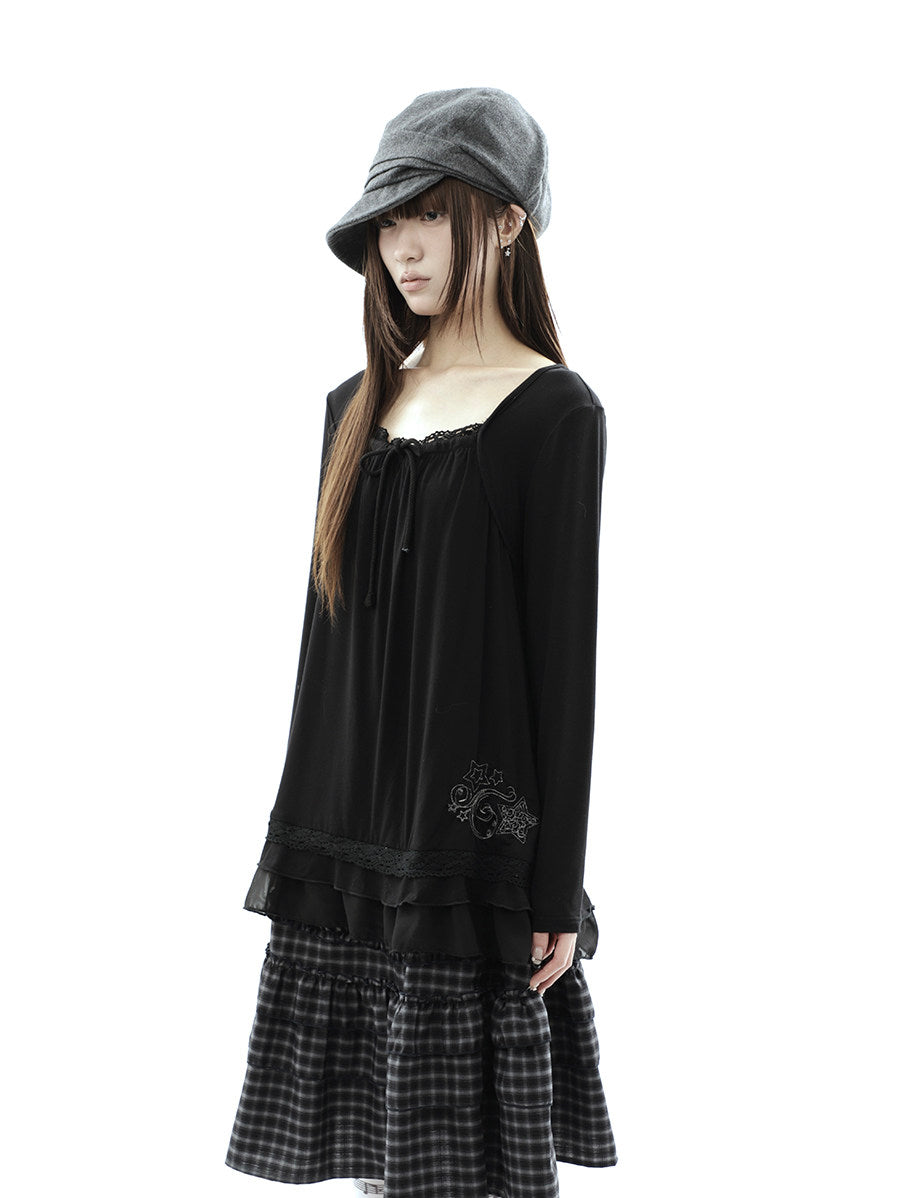 Star Embroidered Lace-Hem Tie Long Sleeve Top