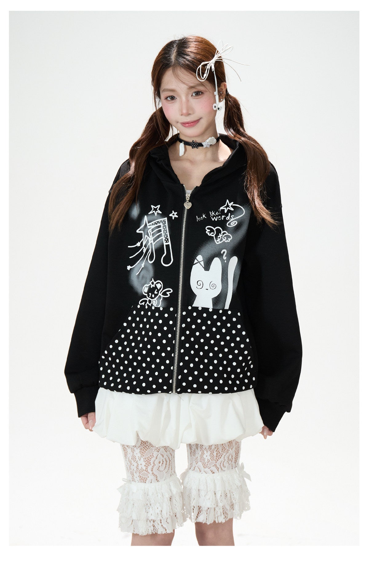 Cartoon Polka-Dot Zip-Up Hoodie & Star Print Shorts