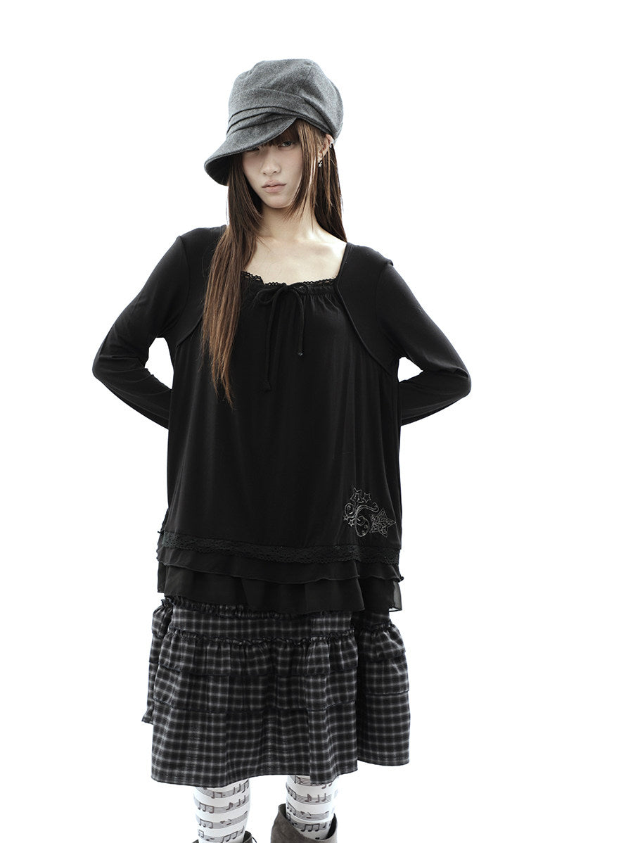 Star Embroidered Lace-Hem Tie Long Sleeve Top