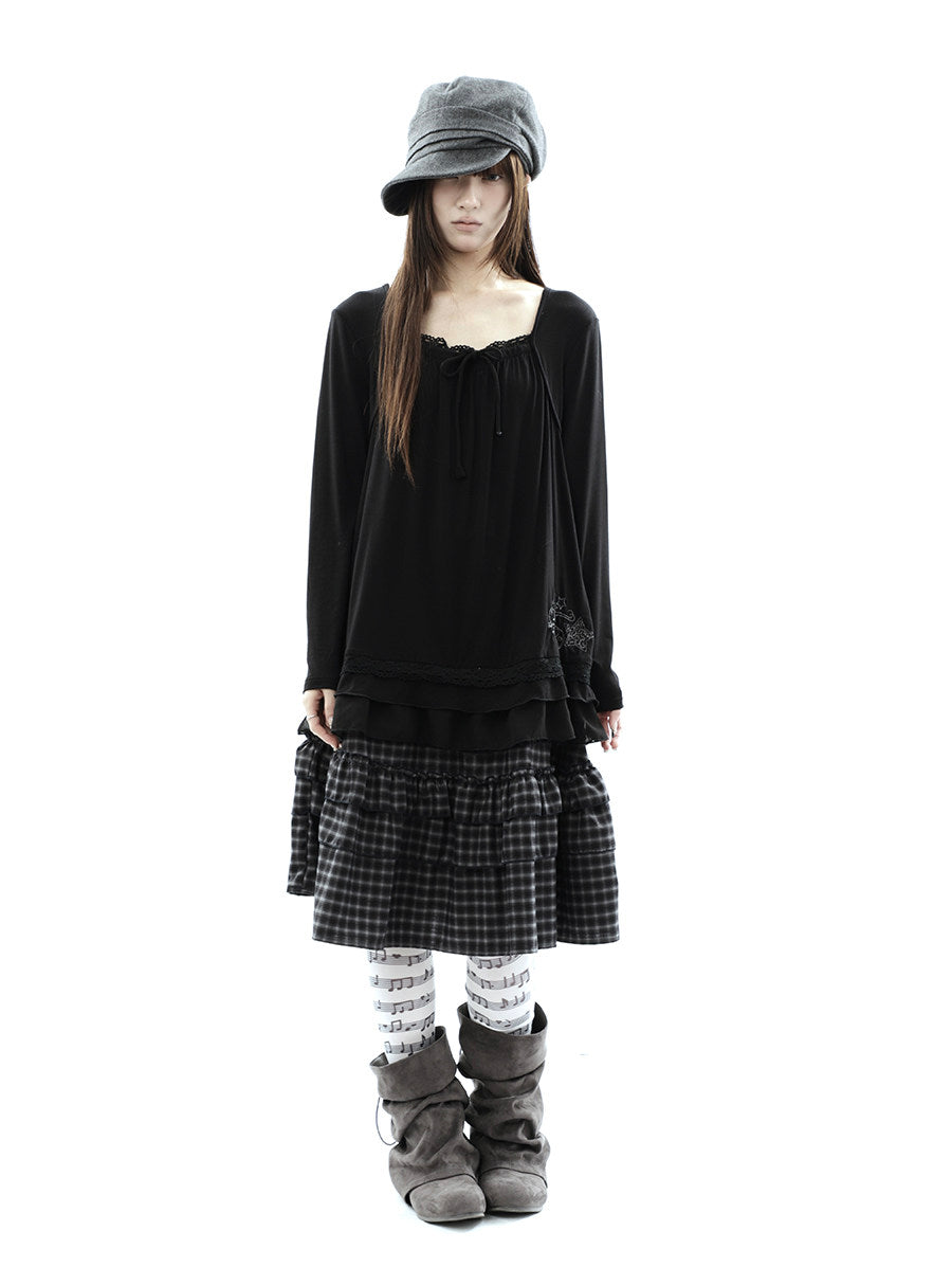 Star Embroidered Lace-Hem Tie Long Sleeve Top