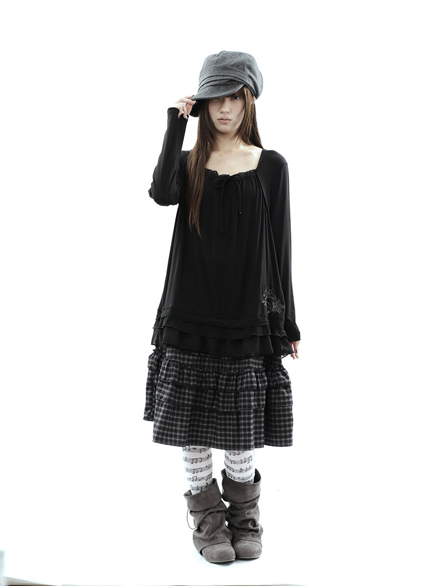 Star Embroidered Lace-Hem Tie Long Sleeve Top