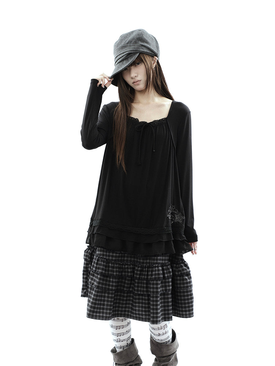Star Embroidered Lace-Hem Tie Long Sleeve Top