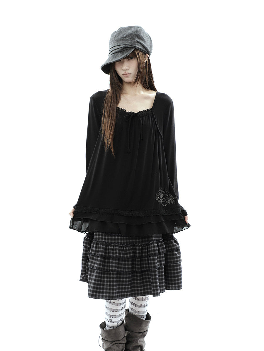 Star Embroidered Lace-Hem Tie Long Sleeve Top